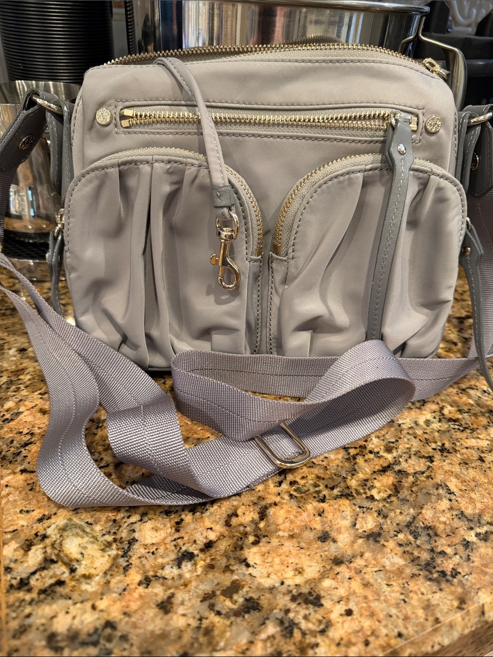 MZ Wallace NY Gray Crossbody zippered pockets & inner org EUC adj straps